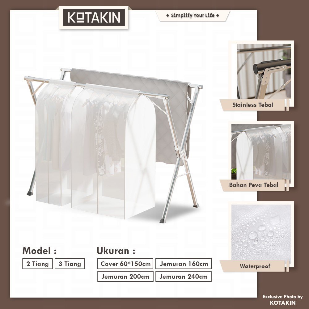 Rak Jemuran Baju 2 3 Tiang Dengan Cover Pakaian 60x120cm